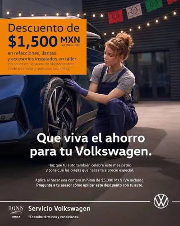Tu Volkswagen merece seguir dando lo mejor. 💙 Disfruta $1,500 de descuento en refacciones, llantas y accesorios instalados en taller y mantenlo siempre listo para acompañarte. Visítanos
